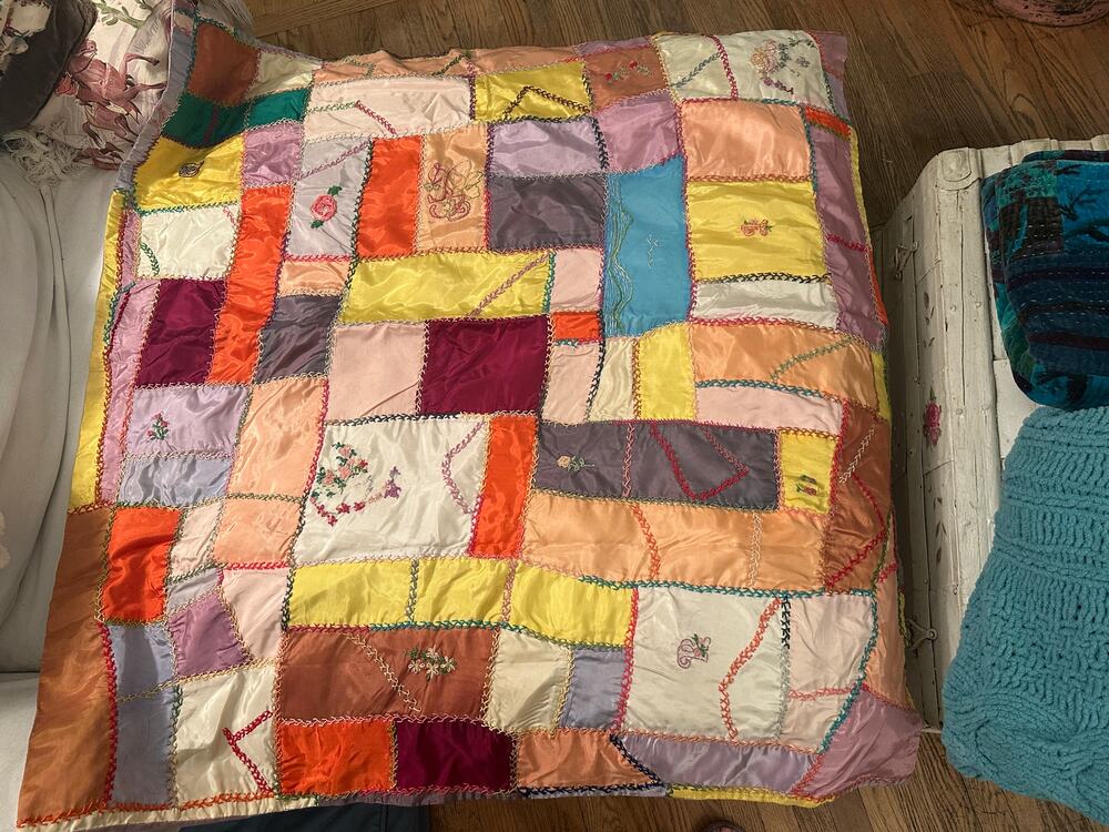 VINTAGE MIDCENTURY MODERN HANDMADE SATIN CRAZY QUILT THROW